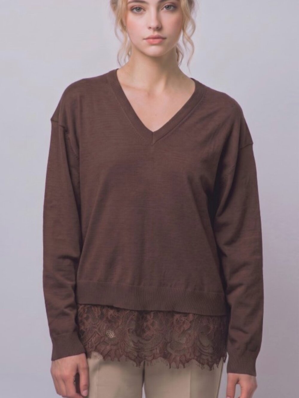 Love Tree Brown V-Neck Cardigan with Lace Hem